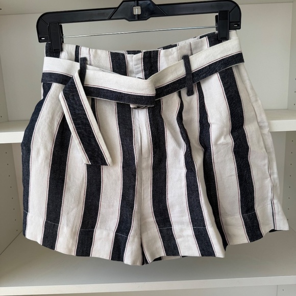 FRAME Belted Blue Red and White Striped Linen Shorts - Picture 2 of 5